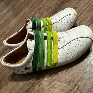 Lacoste Mystere Punched Sneakers Rainbow Straps Leather Womens Size 6 Greens